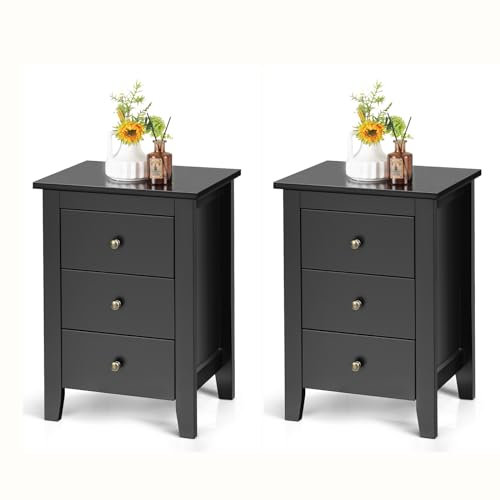 KOMFOTTEU Nachttisch mit 3 Schubladen, Beistelltisch aus Holz, Nachtschrank 46 x 37 x 65 cm, Nachtkommode für Wohnzimmer, Schlafzimmer (2, Schwarz)