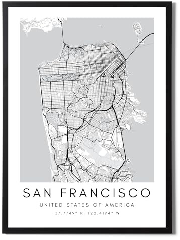 State Media Vision San Francisco Weltstadtkarten-Poster, individuelles Set, minimalistischer Druck für Schlafzimmer oder Wohnzimmer, Schwarz-Weiß, San Francisco Wandkunst (San Francisco, nur A4-Druck)