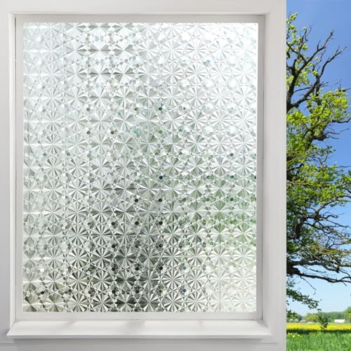 Fyuein Fensterfolie Blickdicht Selbsthaftende Fensterfolie Statisch Haftend Dekorfolie Sichtschutzfolie Anti UV (Diamant - Transparent, 100x400CM)