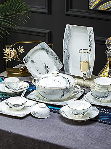 38/70 Pieces Chinese Tableware Set Ceramic Marble Effect Tableware Gift Service for 6-10 People (Size: 38 Pieces) (38pieces)
