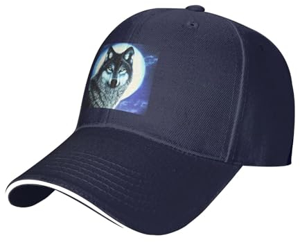 BROLEO Baseballkappe, Motiv: Wolf unter dem Mond, lässig, schwarz, bequem, atmungsaktiv, Marineblau, Einheitsgr��e