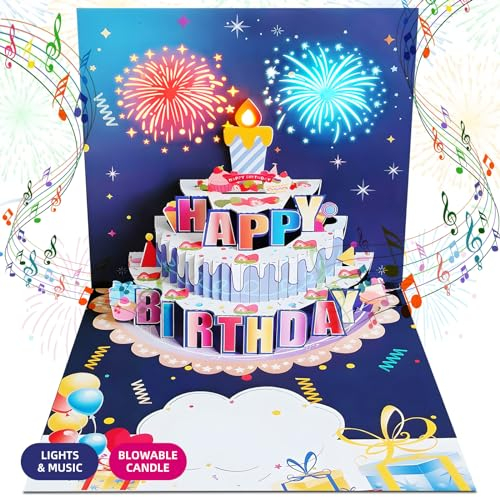 PopUp-Geburtstagskarten für jedes Alter, ausblasbare LED-Lichtkerze, Kuchenmusik, Happy Birthday-Postkarten, Geschenkkarte für Frauen, Männer, Mutter, Schwester, Ehefrau, Freund, Junge, Mädchen