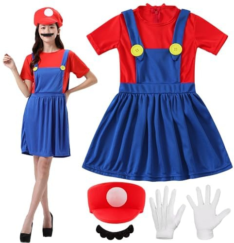 YeahBoom Mario Kostüm Luigi Kostüm Set,4 Stück Luigi Kostüme mit Mütze Bart Handschuhe,Super Bros Cosplay Kostüme,Männer Damen Erwachsene Outfit für Weihnachten Karneval Cosplay Faschingskostüme