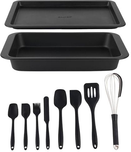Salter COMBO-8910 Bakes 10 Piece Oven Tray & Utensil Set – Non-Stick Baking Pan & Roasting Tin, Silicone Cooking Utensils, BPA-Free, Easy Clean, Large Cookie Tray, Oven Safe Up to 220°C, Black