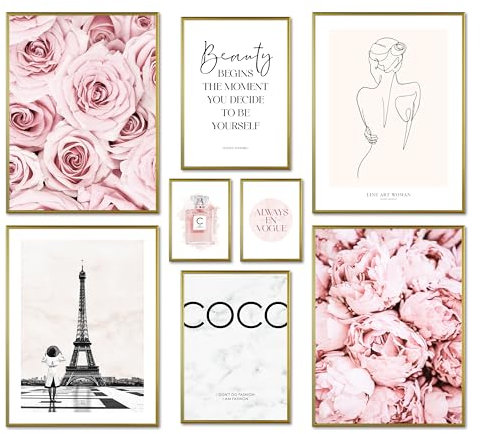 ARTFAVES® Poster Set - COCO ROSE - mehrteilige Wanddeko Wohnzimmer & Schlafzimmer - 8 moderne Wandbilder Rose, Fashion, rosa, Glamour, Blumen, Paris - mit Rahmen Gold