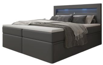 Boxspringbett Rinori 200x200 Doppelbett Polsterbett Bett mit LED-Beleuchtung, USB-Anschluss und Stauraum | Bezug: Kunstleder | Farbe: Grau | Härtegrad: H3 (70-100kg)