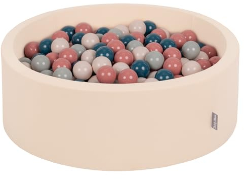KiddyMoon Rund Bällebad Bällepool 90X30cm/200 Bälle ∅ 7Cm Ballgruben Für Babys Spielbad Kleinkinder, Beige:Dunkeltürkis/Pastellbeige/Grüngrau/Lachsfarben