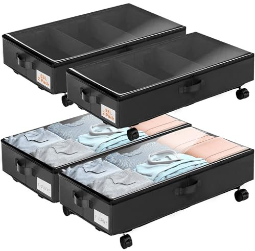 4 Pack Underbed Storage Boxes on Wheels, 53L Large Under Bed Storage Boxes with Handle & Metal Bottom Support, Foldable Under Bed Clothes Storage Organiser Drawer with Clear PVC Lid