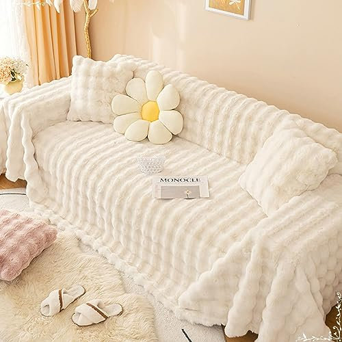 Bishilin Sofabezug Ecksofa Plüsch, Sofa Überzug 2 Sitzer 180x200CM Filz Cremeweiß Couchbezug Eckcouch Katzenschutz Universal