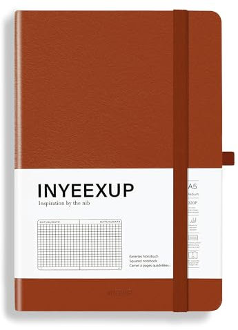 INYEEXUP Notizbuch A5 Kariert, Journal Buch mit 320 Seiten, Notizheft a5 mit Premium 100gsm Tintenfestes Papie Dickes, PU HardCover Notizbücher mit Elastischem Verschlussband und Falttasche (Braun)