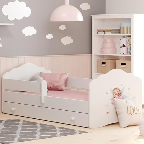Kids Collective Kinderbett 80x160cm mit Matratze Schublade Lattenrost & Rausfallschutz Bett für Kinder Bett Bed Jugendbett Einzelbett Komplettbett in weiß mit Prinzessin Motiv von 3 bis 10 Lebensjahr