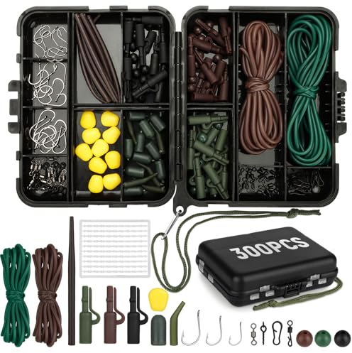 Realure 300 Stk Karpfen Zubehör Set, Angelhaken Kit, Angelzubehör Set, inkl. Angelhaken, Anti-Tangle Hülsen, Verschiedene Angeln Wirbel Snaps, Karpfenangeln Haar-Rigs, Perlen Angeln, Gummistopper