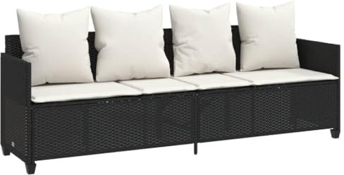 Makastle 4-Sitzer Sofa mit Kissen, Garten Schlafsofa Gartenliege Outdoor Sofa Couch Liege Sonnenliege Terrassenliege, Verstellbare Rückenlehne, Schwarz Poly Rattan
