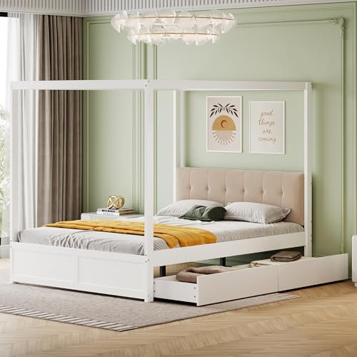 Dolamaní Himmelbett 140x200 cm Holzbett, 4 Poster Mückenetz Rahmen Design, mit Lattenrost und Polster Rückenlehne Kopfteil, großen Schubladen, Weiß