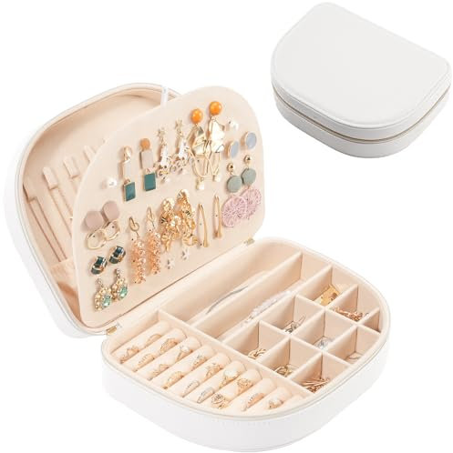 ProCase Reise Schmuckkästchen, Große Schmuckschatulle für Damen PU-Leder Aufbewahrungsbox Schmucketui Schmuckbox Schmuckaufbewahrung für Ringe Ohrringe Halsketten Geschenk- Weiß