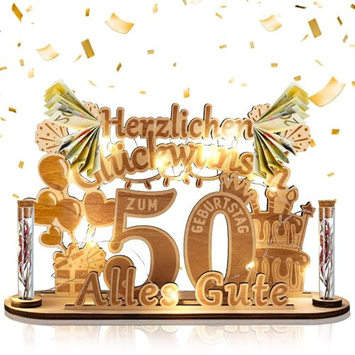 taonganui 50 Geburtstag Frau Männer Geldgeschenk 50 Geburtstag | Holz Schild Gästebuch mit LED Lichterkette Geschenke zum Personalisiertes Geschenke