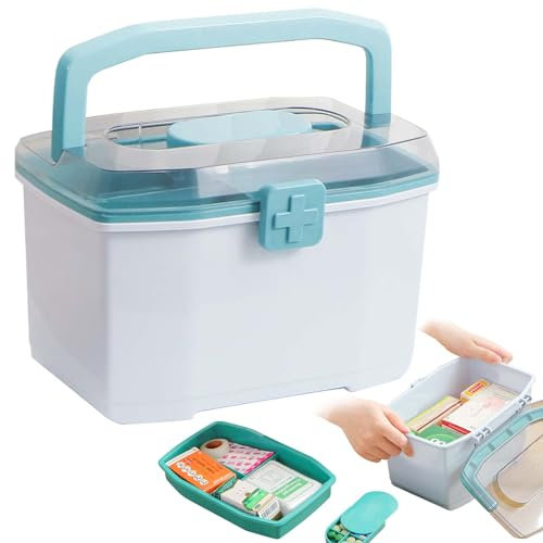 BAIFULAI Caja de medicamentos de doble capa, 21 x 15 x 14 cm, almacenamiento de medicamentos con campo de clasificación y asa, caja de medicamentos, botiquín, maletín de medicina, organizador de