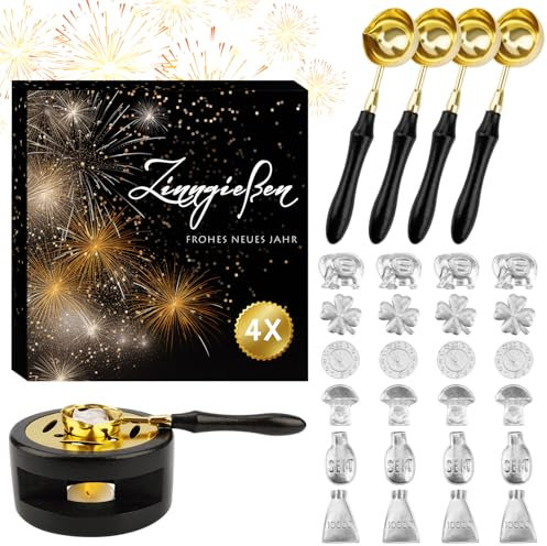 YYSWSAKY Zinngießen Set Silvester - 1 Massivholzofen, 4 Schmelzlöffel, 24 Zinnfiguren, 1 Orakelheft, Wachsgießen Silvester für Silvester Partyspiele Wahrsagerei Spiel