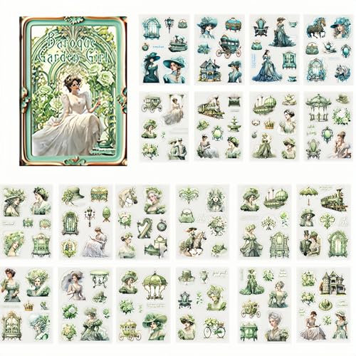 Diyxisk Scrapbooking Stickers, 20 Pieces Aesthetic Stickers for Children Series Garden Theme Anime Cartoon Decorative Stickers, for Books Laptop and Photo Albums Diy Handmade (Green)