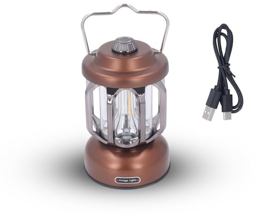 Retro-LED-Campinglaterne, Typ C, wiederaufladbar, Vintage-Campinglampe, tragbare Campinglichter und Laternen, 3 Modi, dimmbar, mit Haken, LED-Zeltlampe für den Garten (brown)