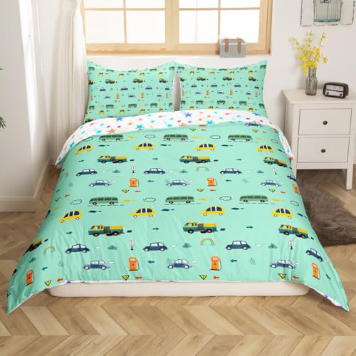 Loussiesd Fahrzeug Autos Drucken Bettwäsche Set 135x200cm Teens Auto Taxi Bus Bettbezug Set Kinder Zug Truck Druck Bettwäsche-Set Jungen Mädchen Schlafzimmer Dekor Bettbezug Grün mit 1 Kissenbezug