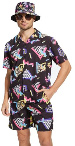 CEKUIA 80s 90s Fancy Dress Shell Suit Disco T-shirts Shorts Set Costume Hip-hop Sportswear for Men Women Tracksuit with Glasses and Hat