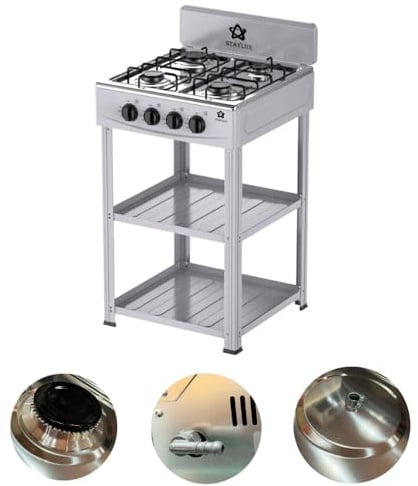 Piano cottura a Gas 4 Fuochi, Fornello da Esterno con 2 ripiani, Cucina a gas Elegante da Campeggio con Manopole Indipendenti 50 x 50 x 82H cm, Cucinotto con Mobiletto