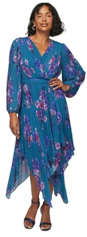 Wallis Floral Pleated Asymmetric Wrap Dress, 10, Teal