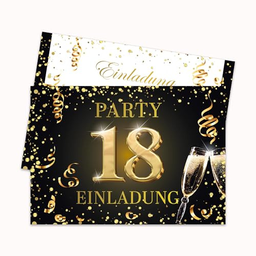 Edition Colibri Einladungskarten 18. Geburtstag A6, 10 Stück schwarz gold zum Selbstbeschriften, edle besondere Partyeinladungen Geburtstagsfeier, Geburtstagskarten Set für Frauen und Männer