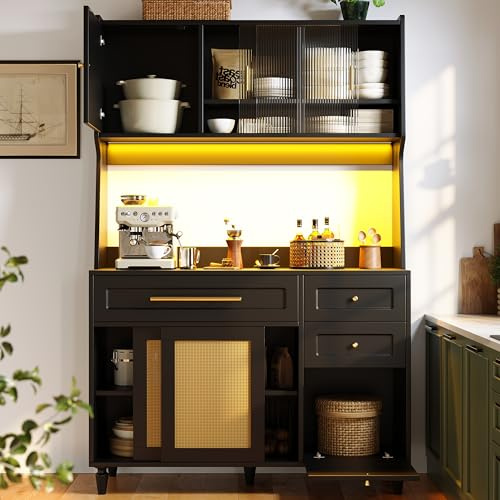 FammyLoft Küchenschrank mit Verstellbaren Ablagen, Buffetschrank mit 3 Schubladen, Hochschrank mit PE-Rattan, Sideboard mit LED-Beleuchtung, Vitrinenschrank, Buffetschrank, Vitrine, Schwarz