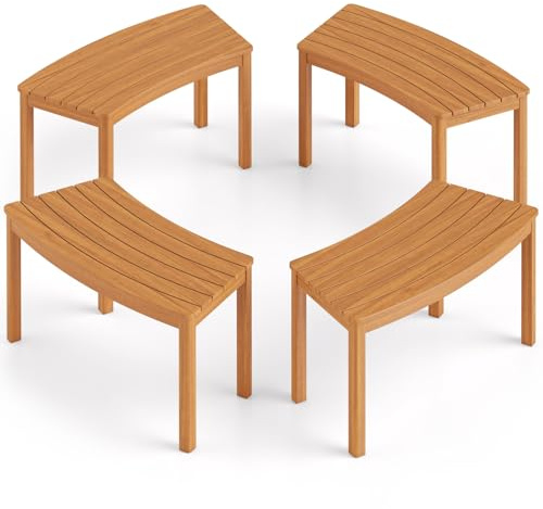 COSTWAY Set da 4 Panchine Curve in Legno di Acacia | Panchina Senza Schienale con Portata 360, Panca da Esterno per Veranda, Terrazza, Giardino e Fuoco da Campo
