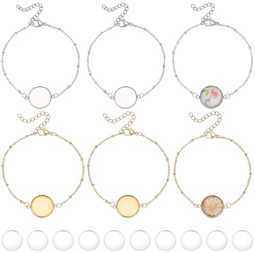 SOFPLATE 1 Schachtel 20 Stück 2 Farben 16mm Edelstahl Rafffassungen Für Armbänder Mit Klaren Glascabochonen Gold/Silber Verstellbare Verlängerungskette Rundes Cabochon Tablett Set Für Schmuck