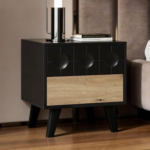 Hometopia Nachttisch Holz Schwarz mit 2 Schubladen, geometrische Front | 45 × 40 × 48 cm, Moderner Nachtschrank mit praktischem Stauraum, ideal für Schlafzimmer und als Beistelltisch neben dem Bett
