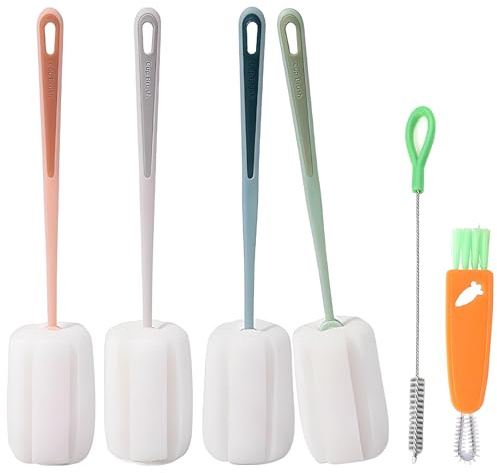 4 Pack Sponge Cleaning Brush, Bottle Brush with Long Handle Reusable Washing for Glassware & Mugs, Kitchen Cup Cleaner & Water Bottle Cleaner Tool (White, Blue, Green, Pink)