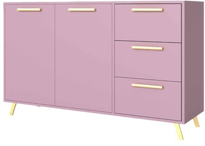 Masseno Kommode Elise 140 cm Sideboard mit 3 Schubladen und 2 Türen für Wohnzimmer Schlafzimmer Modern 140x41x86 cm Violett
