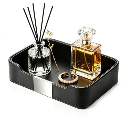SANZIE Leather Tray Organizer, Trinket Valet Tray (Metal Silvered, Black) | Leather Catchall Tray for Entryway Table Desktop Storage, Decorative Tray for Jewelry Keys Wallet Phone Watch