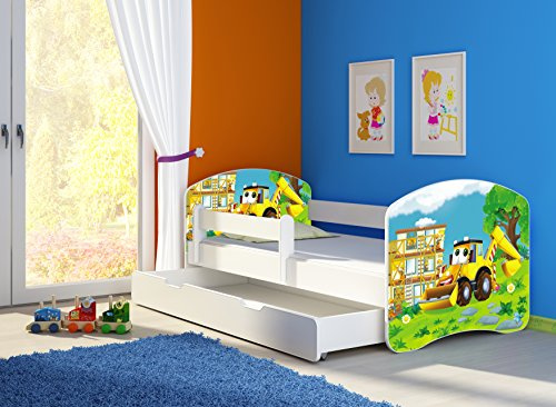 CLAMARO 'Fantasia Weiß' 180 x 80 Kinderbett Set inkl. Matratze, Lattenrost und mit Bettkasten Schublade, mit verstellbarem Rausfallschutz und Kantenschutzleisten, Design: 20 Bagger