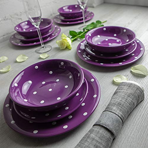 City to Cottage | Service à vaisselle pour quatre, douze pièces | violet à pois blancs en céramique fait et peint à la main | assiettes plates, assiettes à dessert, bol