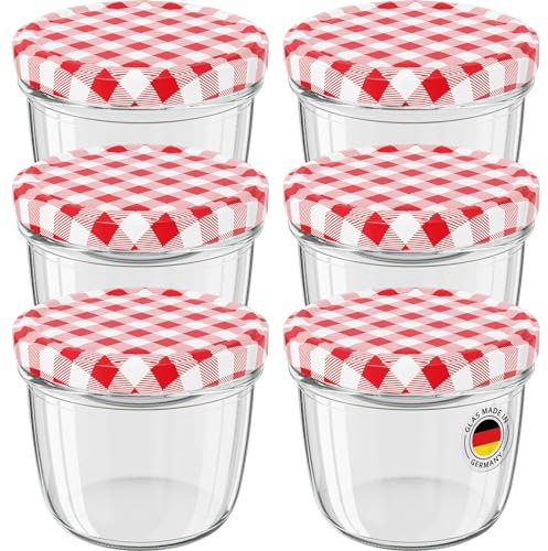 WELLGRO 6x Einmachgläser mit Schraubdeckel, 230 ml Einmachglas Klein, Marmeladengläser Rot Karierte, Kleine Gläser mit Deckel To 82, Einweckgläser Made in Germany, Schraubgläser Stückzahl: 6 Stück
