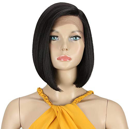 Début Lace Front Perücke für schwarze Damen Bob Perücke für weiße Damen Kunsthaar 24 cm 120g Natur Glatt Schweizer Spitze Hitzebeständige Fasern Halb handgebunden (24 cm, 1B)