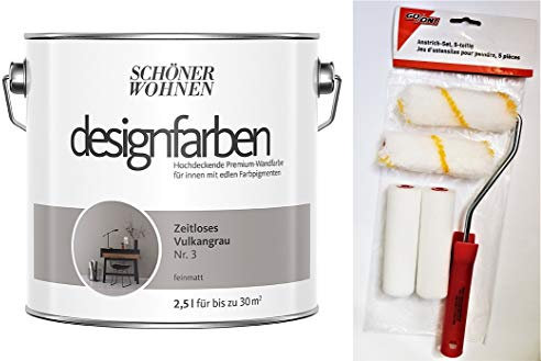 Schöner Wohnen designfarben feinmatte Wandfarbe für innen 2,5 Liter mit go/on Rollen-Set 5-tlg (Nr 3 Zeitloses Vulkangrau)