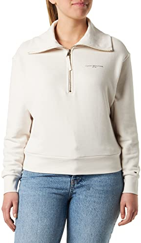 Tommy Hilfiger Damen Sweatshirt mit Reißverschluss Zipper 1985 Halber Zipper, Beige (Weathered White), L