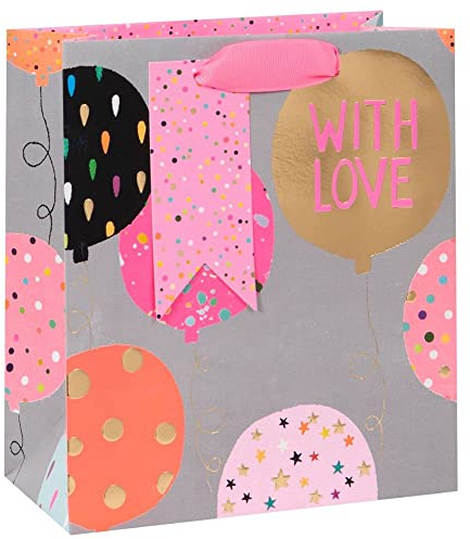 Glick Luxus-Geschenktüte, mittelgroße Geschenktüte, Feier-Geschenktüte, Papiersalat-Luftballons, Geschenkbeutel, 200 x 225 x 100 mm, Rosa