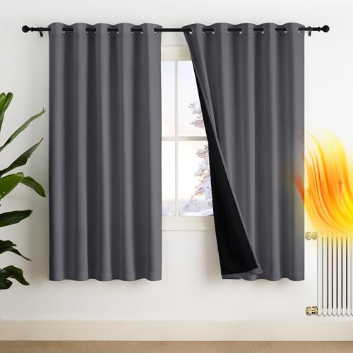 PONY DANCE 100% Blackout Double-Layer Curtains with Liner - Thermal Insulated 66x72 Inch Long Curtains for Bedroom Living Room, Energy Energy & Noise Reducing, Grey Grommet Blackout Drapes, 2 Panels