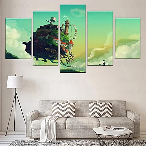 Wondbeau Poster & Kunstdrucke 150×80Cmcartoon Howl's Moving Castle Anime 5 Stück Leinwand Kunstdrucke Wandbild Malerei Modulare Wohnkultur Bürodekoration 5 Panel Yk