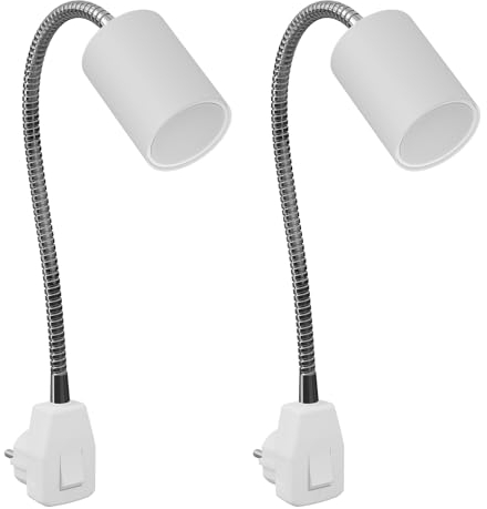ledscom.de 2 Stück GU10 Steckdosenlampe WAIKA Schwanenhals, Schalter, weiß inkl. GU10 LED 3-Stufen dimmbar weiß
