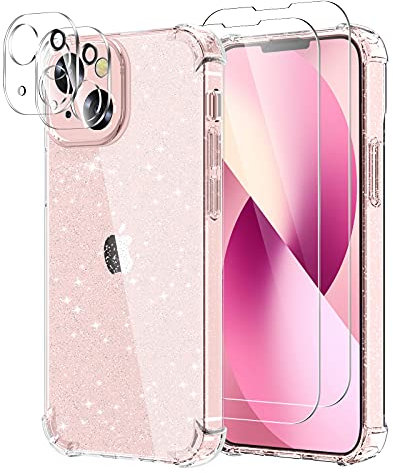 YIRSUR Coque Compatible avec iPhone 13 Paillettes, avec 2 Verre Trempé Protection écran et 2 Caméra Arrière Protecteur, Transparent Glitter Etui Silicone TPU Bumper Antichoc Housse