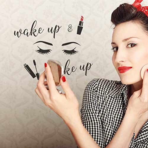 SUPERDANT Wake Up Wandaufkleber Make Up Wandsticker Wimpern Kosmetik Muster Vinyl Schriftzug Wandkunst Aufkleber Für Damenfriseursalon Schlafzimmer Gästetoilette Badezimmer Dekor 59x35 cm