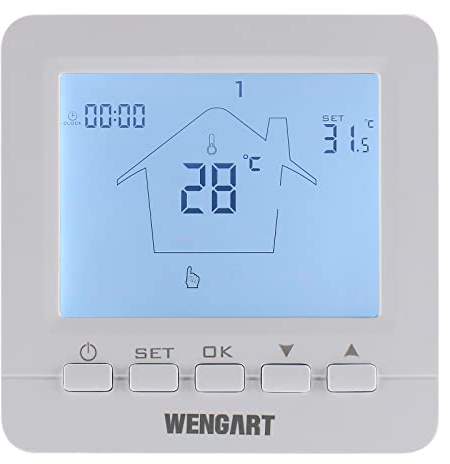 Wengart Termostato per camino a gas WG02B05BW, grande display LCD digitale, programmabile, alimentato a batteria, connettore per filo COM-NO-NC,retroilluminazione bianca