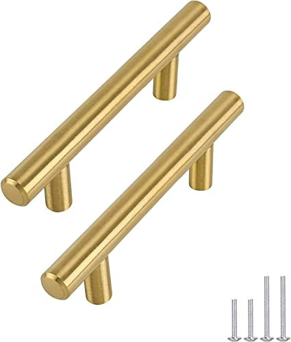 goldenwarm 5Pack Gold Cupboard Handles 96mm Hole Centers Gold Handles for Drawer & Kitchen, Stainless Steel Modern